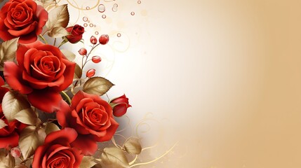 Romantic wedding background with a golden brown border and blooming red roses