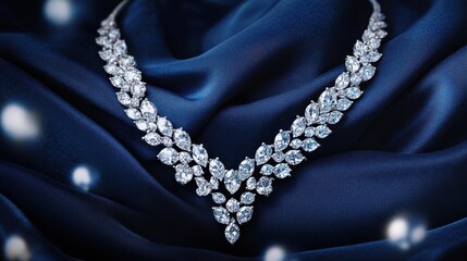 Obraz premium A diamond-encrusted Y-shaped necklace on a luxurious dark blue velvet background.