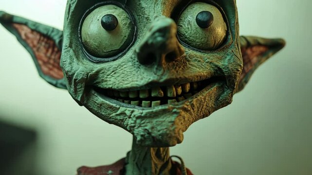Unique green goblin figurine with exaggerated features smiles in a dimly lit environment