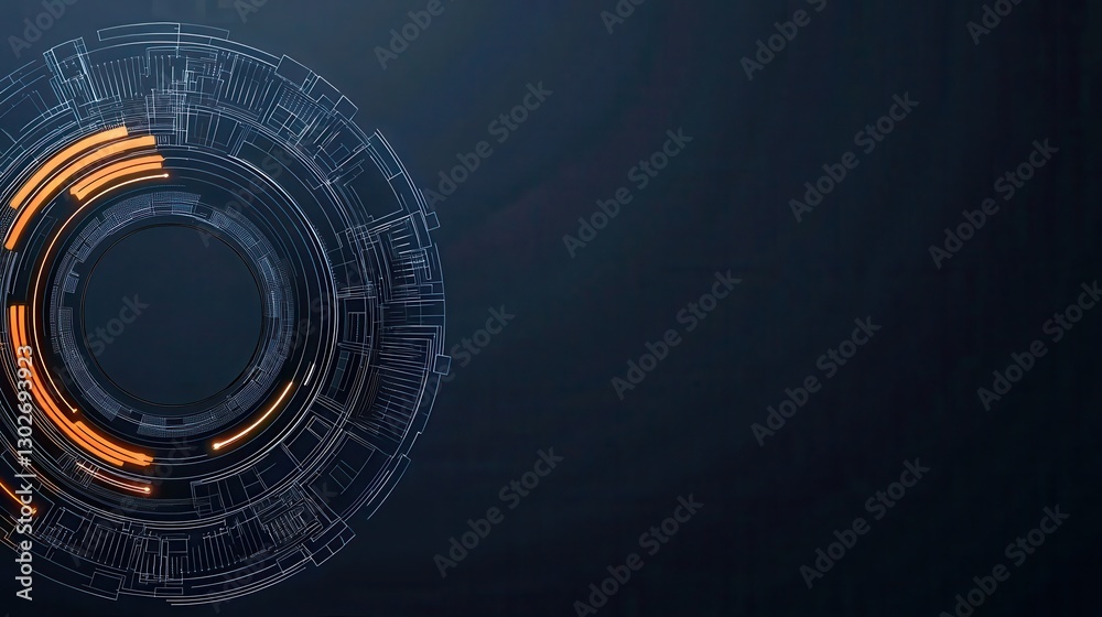 Poster a sleek, modern design featuring a circular pattern with illuminated orange accents against a dark b