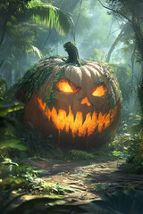 Creepy Midnight Jungle Pumpkins: Halloween Spooky Scene