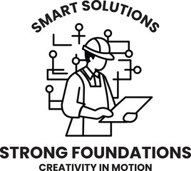 A man is shown in a black and white drawing with a hard hat on