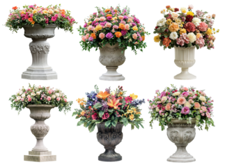 Set of beautiful floral arrangements in classic stone urns, isolated on transparent cutout