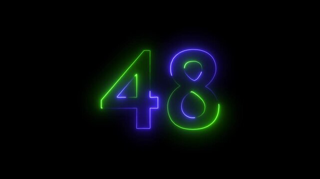 Abstract glowing neon text 48 number countdown icon. Educational mathematics 48 animation on black background.