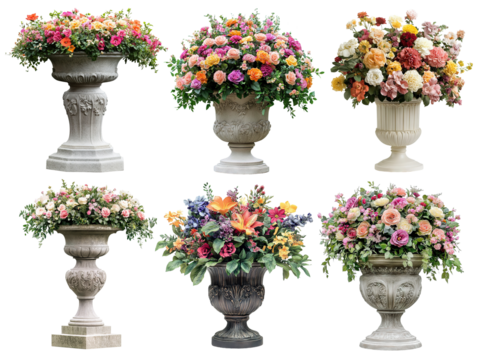Set of beautiful floral arrangements in classic stone urns, isolated on transparent cutout