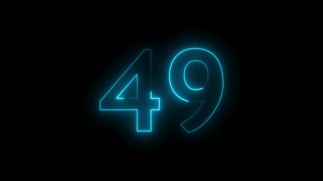 Abstract glowing neon text 49 number countdown icon. Educational mathematics 49 animation on black background.