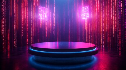 Empty podium in a sleek cyber setting, with a digital world of neon grids, bright lights, and floating data points 