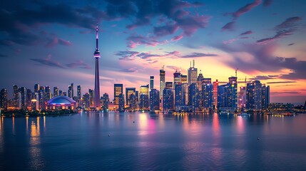 The Toronto skyline at sunset, with the CN Tower and other skyscrapers illuminated.