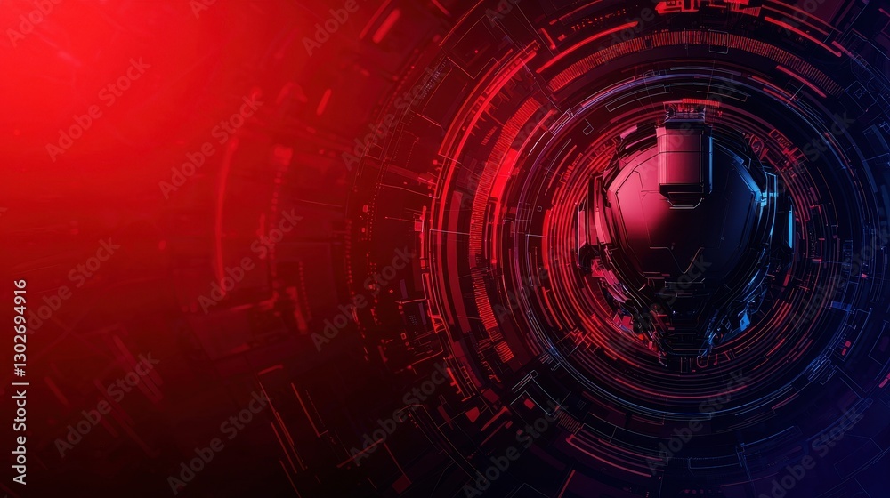 Poster a futuristic, digital-themed image featuring a robotic head in a circular design, illuminated by red
