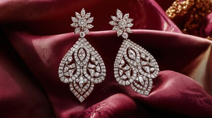 A luxurious pair of diamond drop earrings arranged on a rich burgundy fabric.