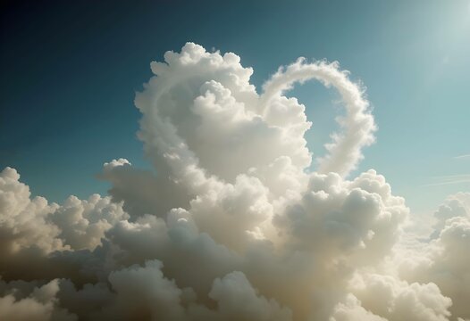 Natural Heart Shaped Cloud Formation In Bright Blue Sky With Sunlight And Fluffy Cloudscape. Dreamy atmosphere with sunbeams.