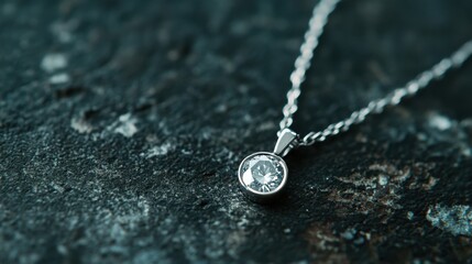 Fototapeta premium A minimalist platinum diamond pendant floating on a dark graphite surface.