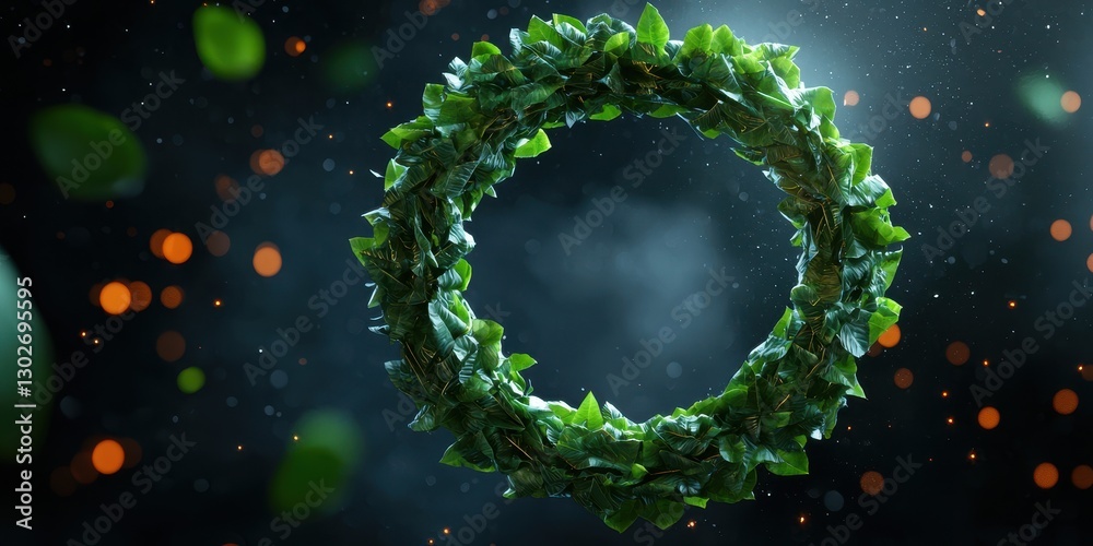 Poster a vibrant green wreath made of leaves is illuminated against a dark background, creating a mystical 