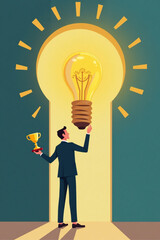 Businessman with Golden Key and Trophy Unlocking Lightbulb-Shaped Door to New Ideas and Creativity