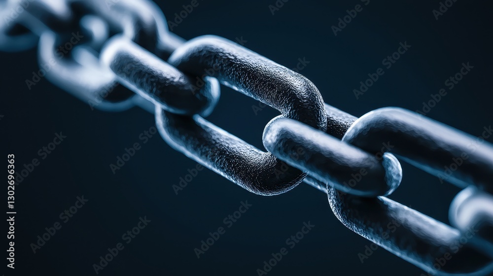 Poster a close-up view of a metallic chain link against a dark background, showcasing its texture and stren