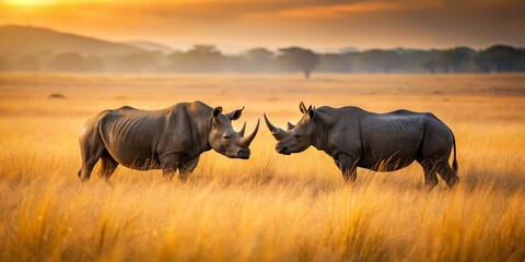Obraz premium Minimalist Black Rhino Mating Pair in African Savanna Bush
