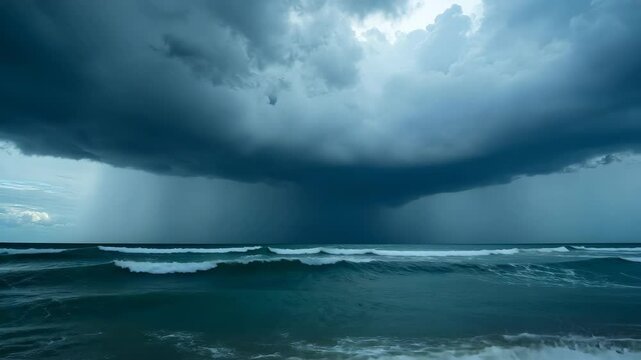 Dramatic storm clouds over ocean waves create moody atmosphere, as dark sky contrasts with turbulent sea, evoking natures power and unpredictability.