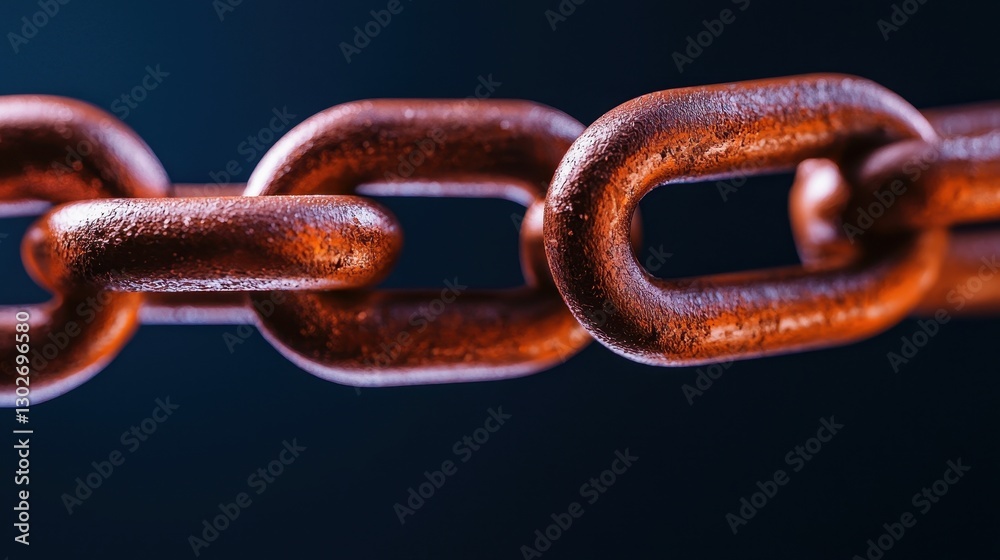 Poster a close-up of a rusty metal chain link against a dark background, highlighting its texture and form.