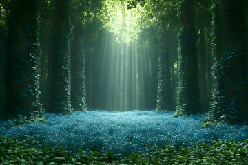 Obraz premium Glowing Forest Path With Blue Flowers And Sunlight