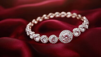 Fototapeta premium A radiant diamond halo bracelet lying on a deep ruby red fabric.