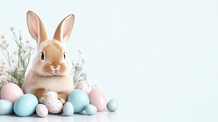 A close-up of a watercolor Easter scene with a delicate bunny sitting amidst soft, multicolored Easter eggs. The background is a soft white, and the bunny