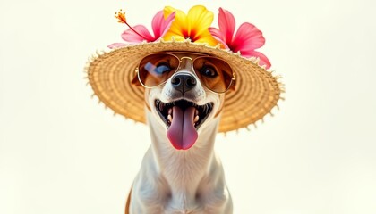 Cheerful dog with summer hat adorned with tropical flowers and wearing stylish sunglasses, embodying summer vacation and cheerful summer mood on a sunny day