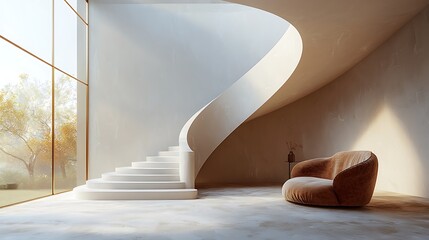 Modern home interior, spiral staircase, autumn view, sunlight