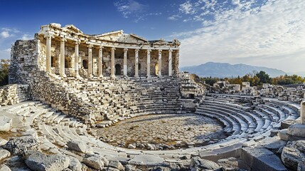 Ancient Greek theater ruins under a sunny sky.