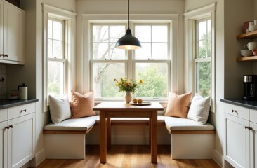 Cozy sunlit kitchen nook with wooden table and cushioned seating in bright interior