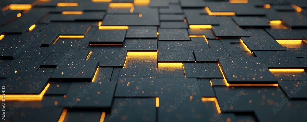 Poster a visually striking abstract design featuring interlocking dark squares illuminated by warm, glowing