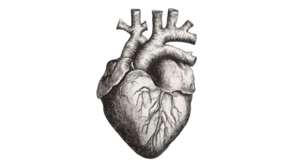 Black and white human heart drawing isolated on white background

