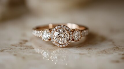 A three-stone diamond ring elegantly placed on a champagne-toned surface.