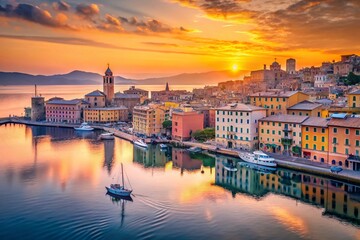 Fototapeta premium Minimalist Genoa Harbor: Italian Coastal Cityscape at Dawn