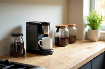 Modern coffee setup with espresso machine and jars on wooden kitchen counter