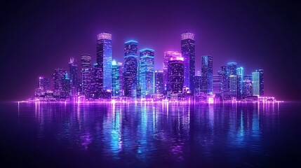 Fototapeta premium Neon city skyline reflecting in water at night, futuristic cityscape, ideal for sci-fi backgrounds