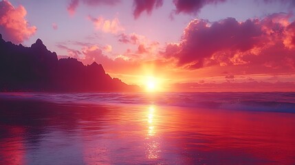 Naklejka premium Ocean sunset with red glow, mountains on the horizon, peaceful nature scene