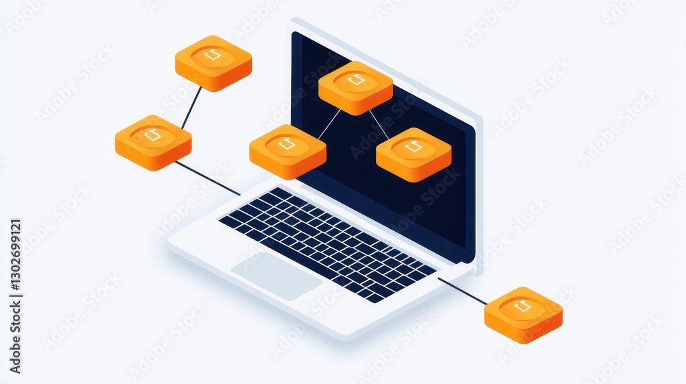 Poster A laptop with multiple orange data blocks connected, representing network communication and data flow in a digital environment.