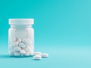 Transparent glass medicine jar filled with white round pills placed on a pastel blue background symbolizing pharmaceutical industry and healthcare advancements