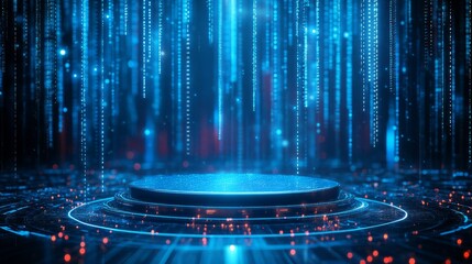 Empty podium in the center of a digital grid, with holographic projections, glowing data streams, and a futuristic atmosphere 