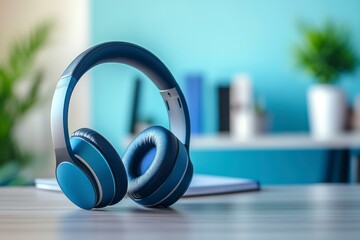 pair of blue and black over-ear headphones sits on an office desk, against the backdrop of a bright room with light blue walls