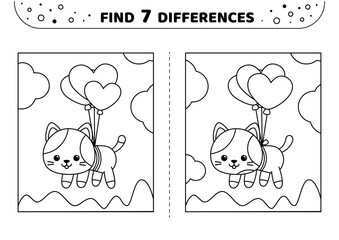 Flying kitten. Cute. Find 7 differences. Black and white game for kids. Isolated vector illustration eps 10
