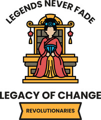 A woman in a red robe sits on a throne with a fan in her hand