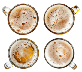 Set of five beer mugs with frothy foam, top view, isolated on transparent cutout background
