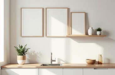 Fototapeta premium Minimalist kitchen interior with wooden decor and plants in bright sunlight