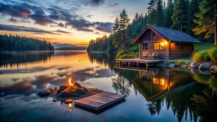 Fototapeta premium Minimalist Lake Cabin Campfire: Serene Night Scene Stock Photo