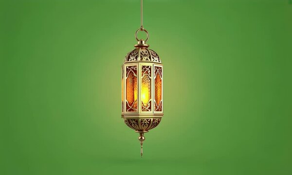Mesmerizing golden lantern gently sways with rhythmic motion on a keyable green background, designed for high-quality digital compositing