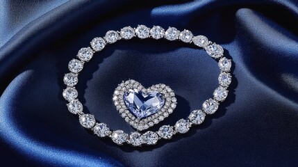 Obraz premium Delicate heart-shaped diamond bracelet lying on a deep sapphire blue backdrop.