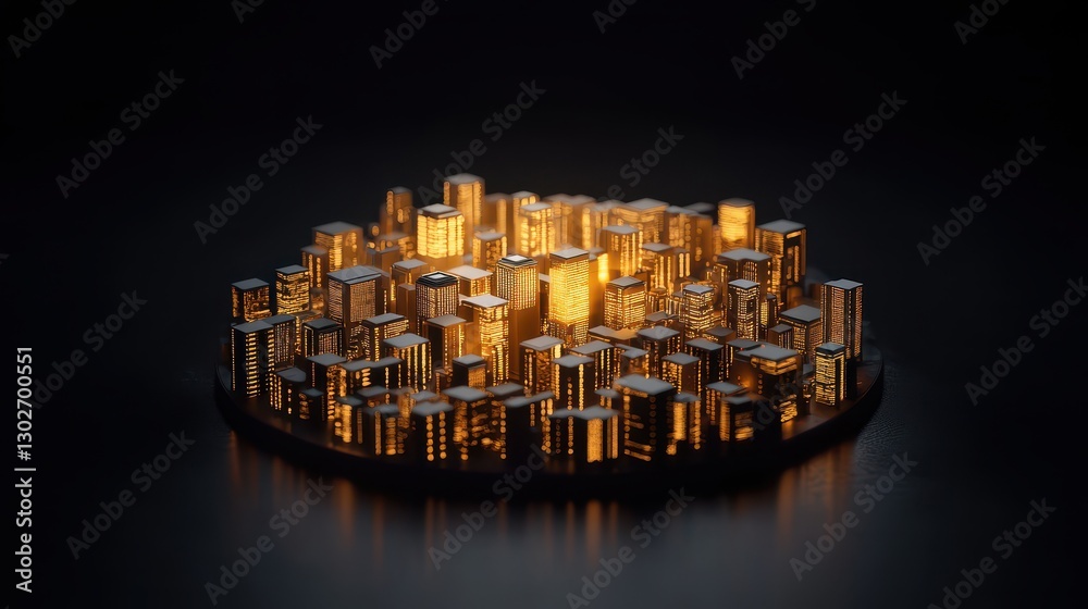 Poster a miniature cityscape illuminated with golden lights, creating a vibrant, futuristic atmosphere agai