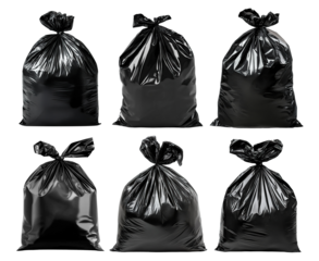 Set of filled black plastic trash bags, isolated on transparent cutout background
