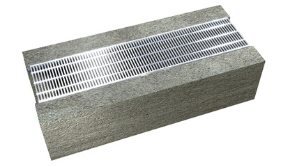 teel grating installed on a U-shaped gutter, top view, created with 3D modeling photorealistic materials and transparent png files. Storm water drain cover.